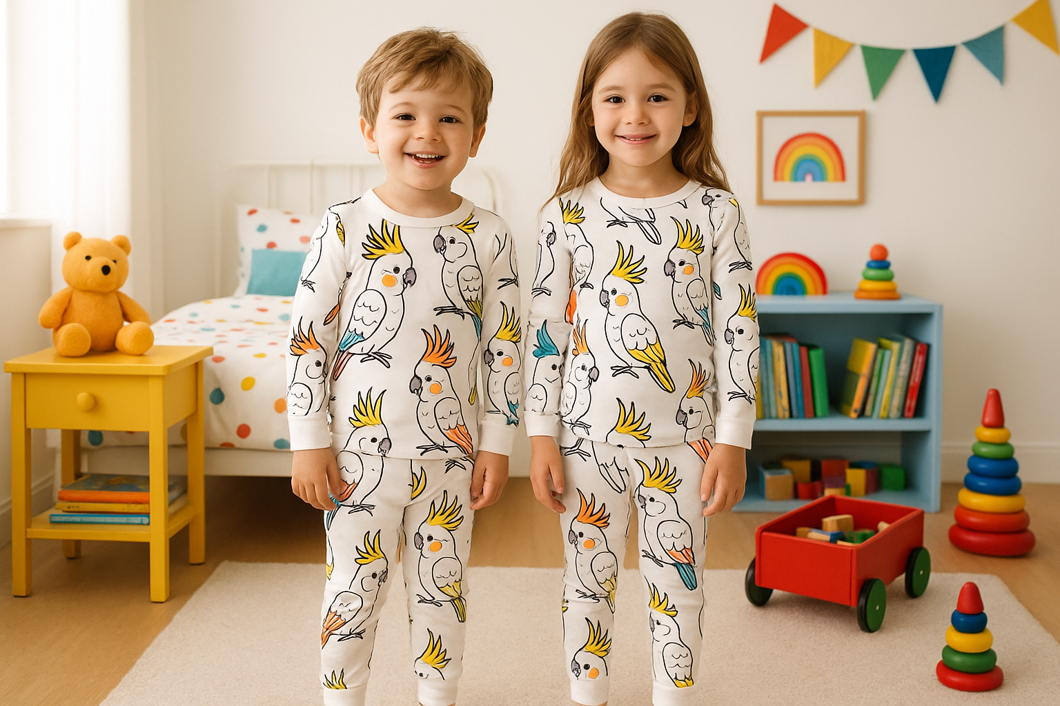 Keep everything the same, only remove blue color on boy pajamas and keep this space white with only colored cockatoos